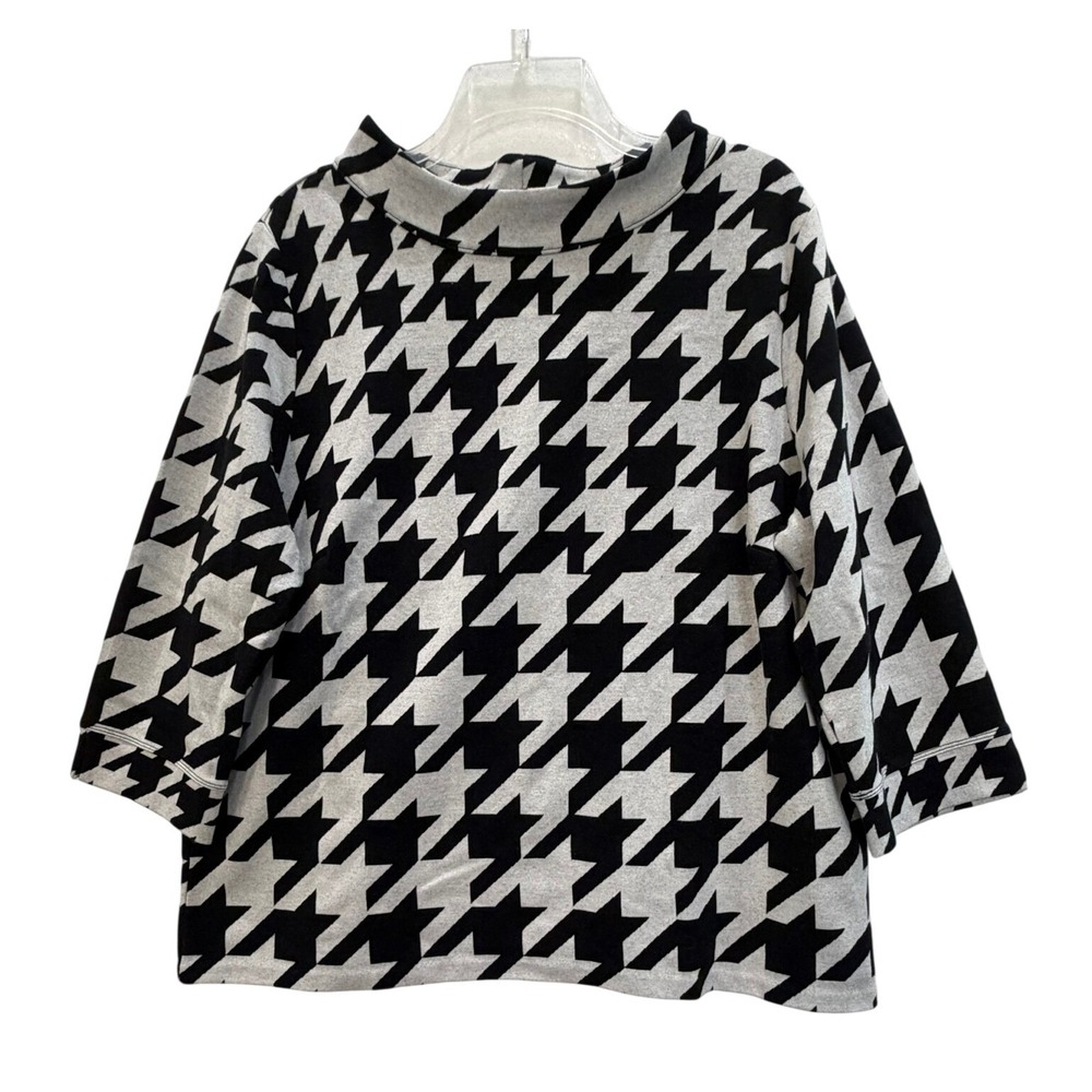 Talbots Plus Houndstooth Mock Neck Knit Top Black White 3/4 Sleeve Pullover 2X